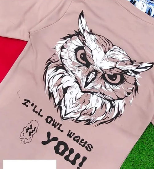 5- Blue Tyga Oversized Graphic T-Shirt – Owl Print (Green, Brown, Black, Red, Pink)