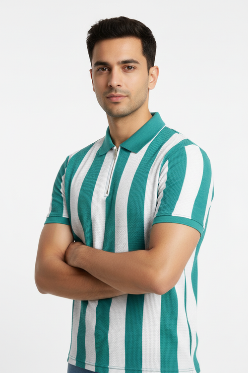 Dezire Striped Zip Polo T-Shirt – Teal