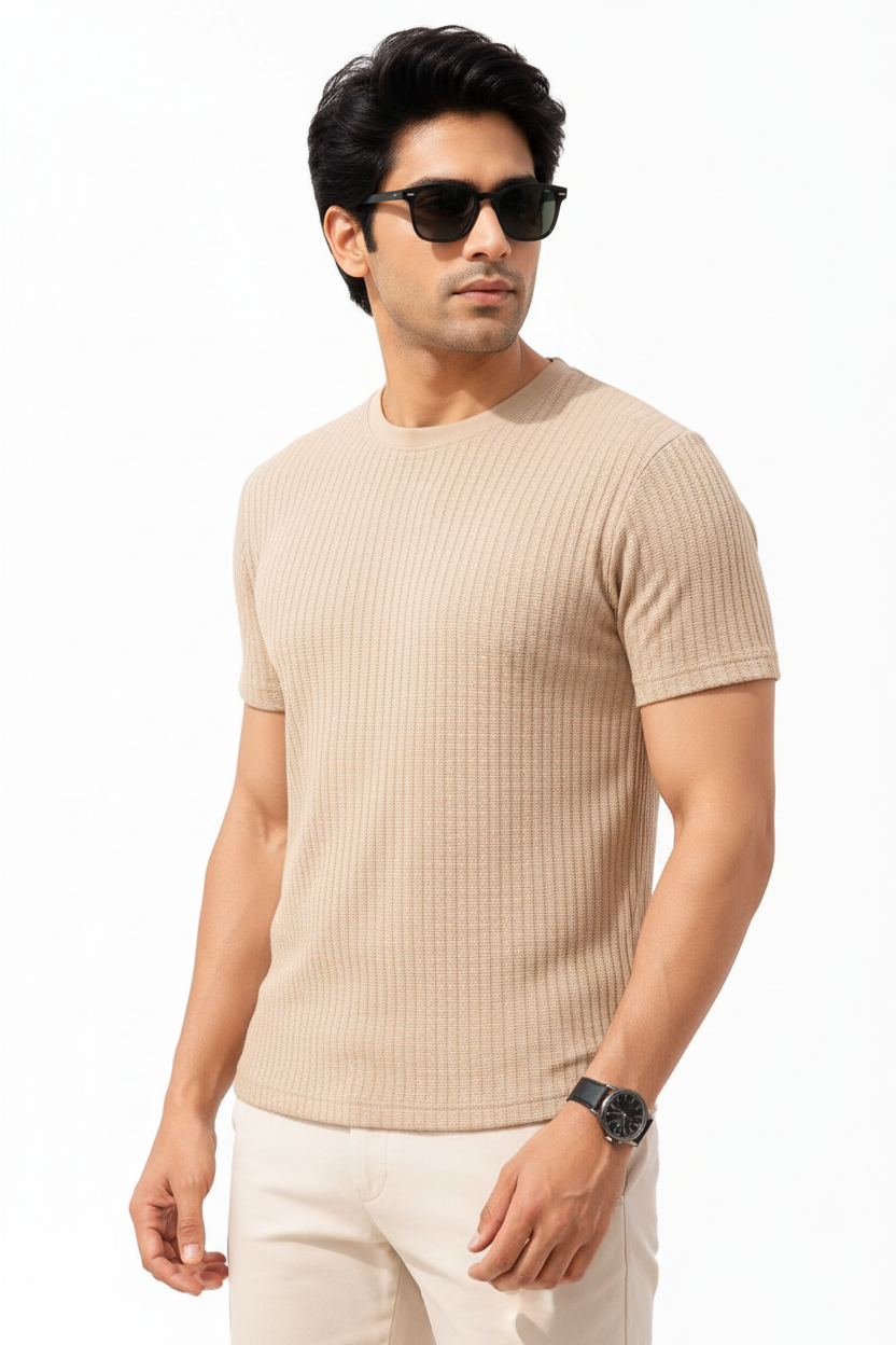 Waffle Knit T-Shirt Beige