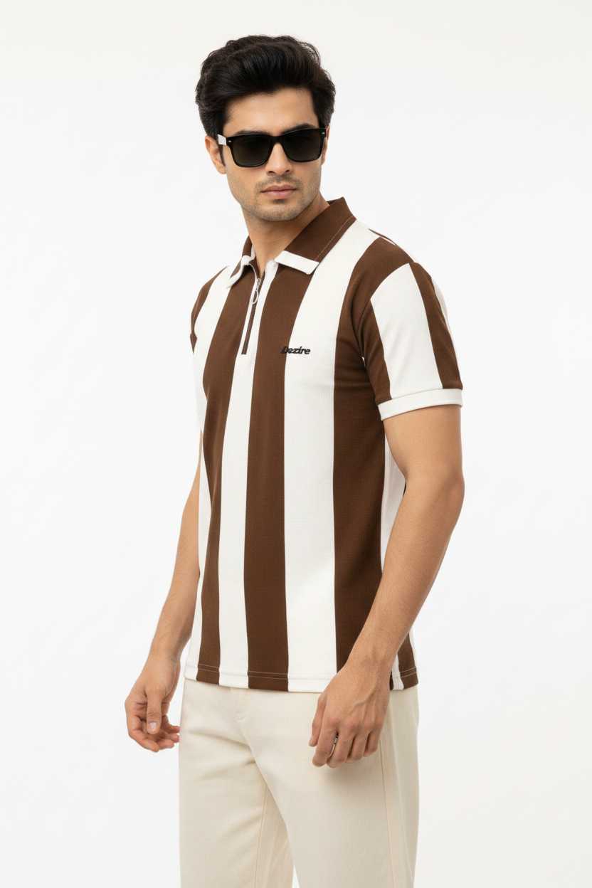 Dezire Striped Zip Polo - Brown