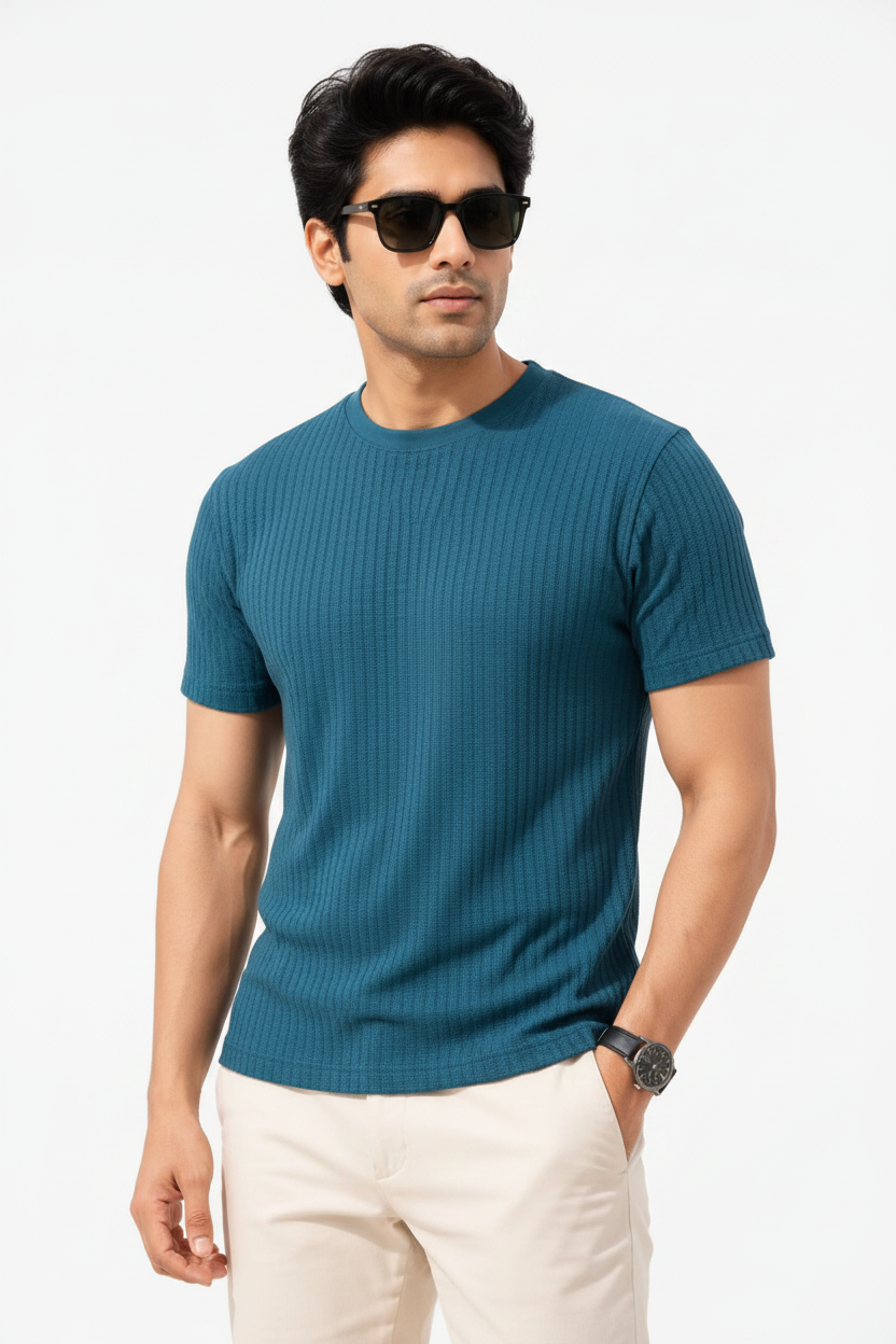 Waffle Knit T-Shirt Teal Blue