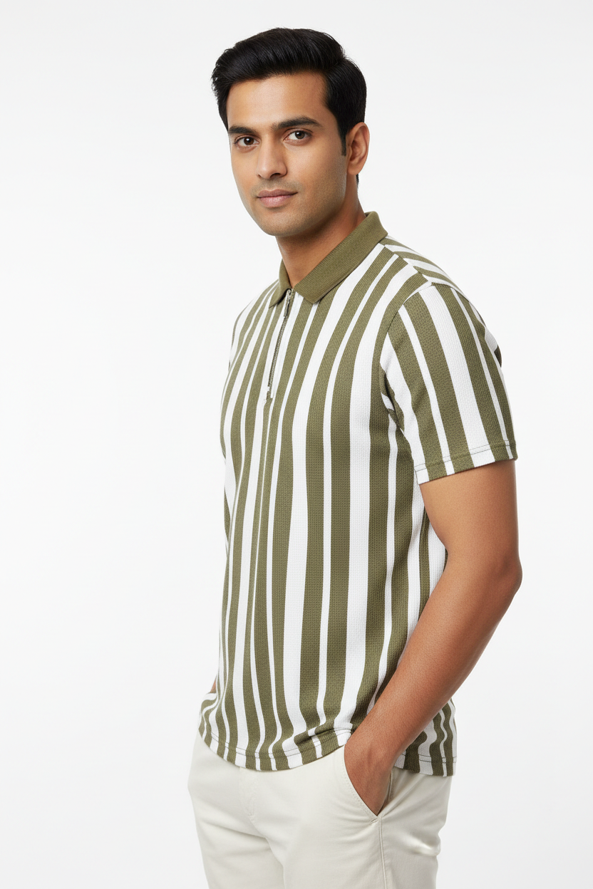 Dezire Striped Zip Polo T-Shirt – Olive Green