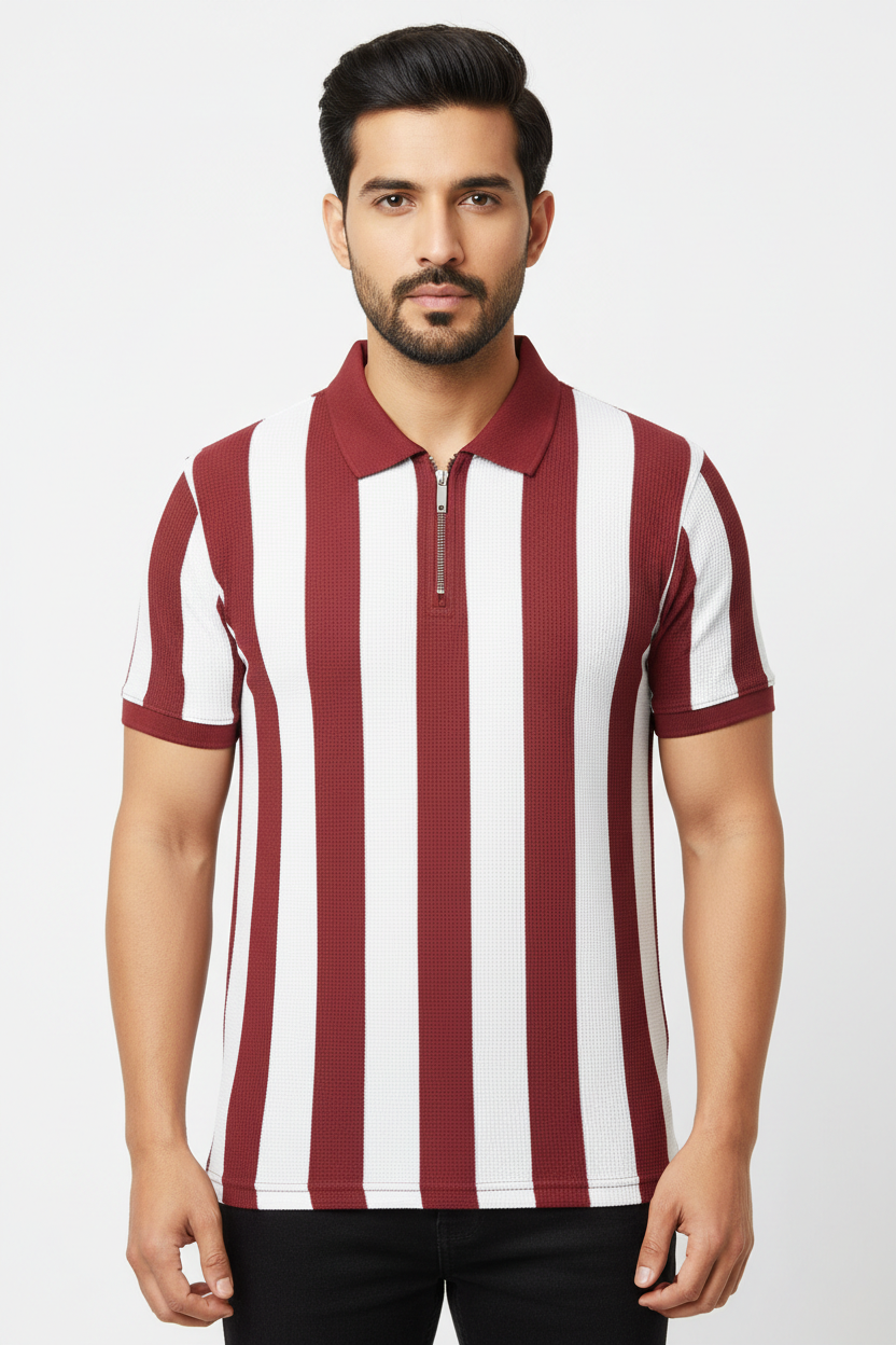 Dezire Striped Zip Polo T-Shirt – Maroon